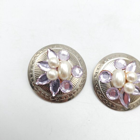 Vintage 1980s Floral Silver Tone Clip-On Earrings Faux Pearls Purple Rhinestones - Picture 2 of 4